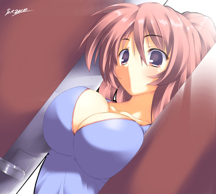 blue_eyes, blush, breast_press, breast_squeeze, breasts, cleavage, door, doorway