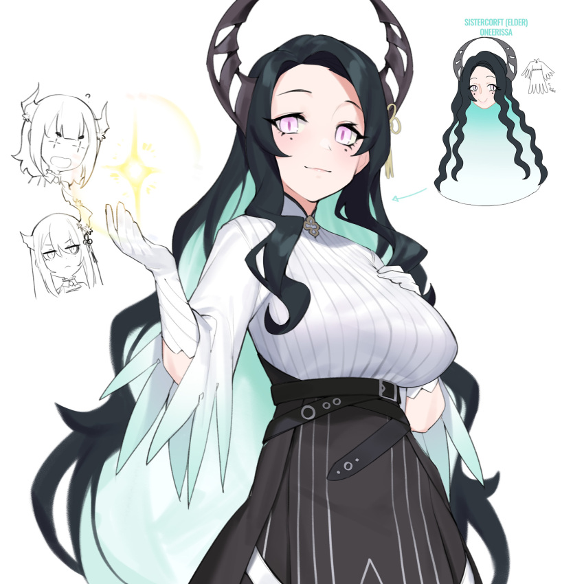 3girls, anerissa_ravencroft, asymmetrical_horns, black_hair, breasts, dasdokter, forehead, gloves