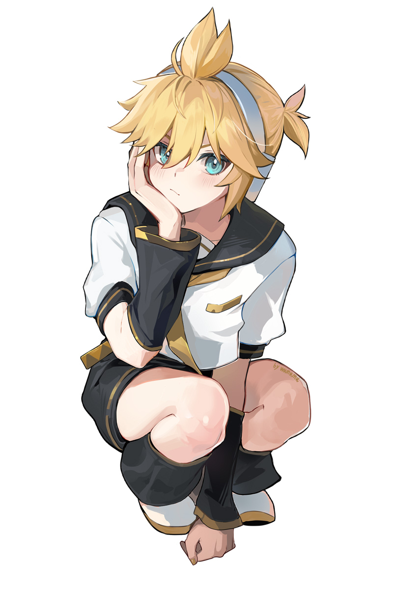 1boy, artist_name, black_shorts, black_sleeves, blonde_hair, blue_eyes, bored, closed_mouth