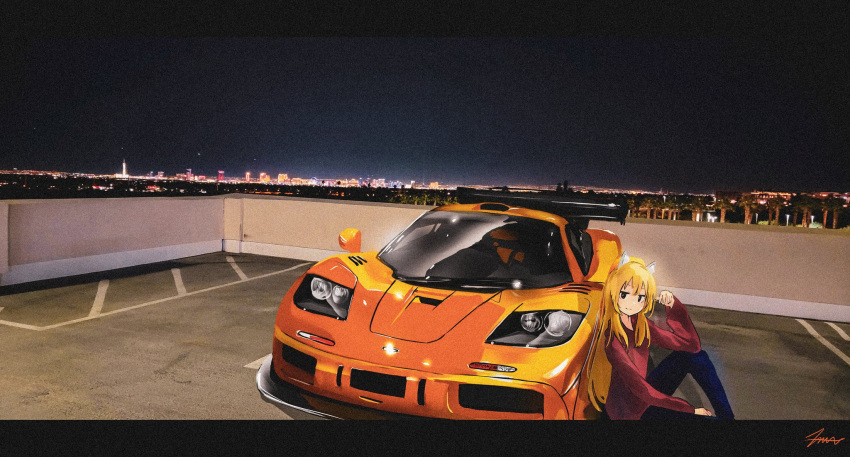 1girl, animal_ear_fluff, animal_ears, blonde_hair, blue_pants, brown_eyes, car, highres