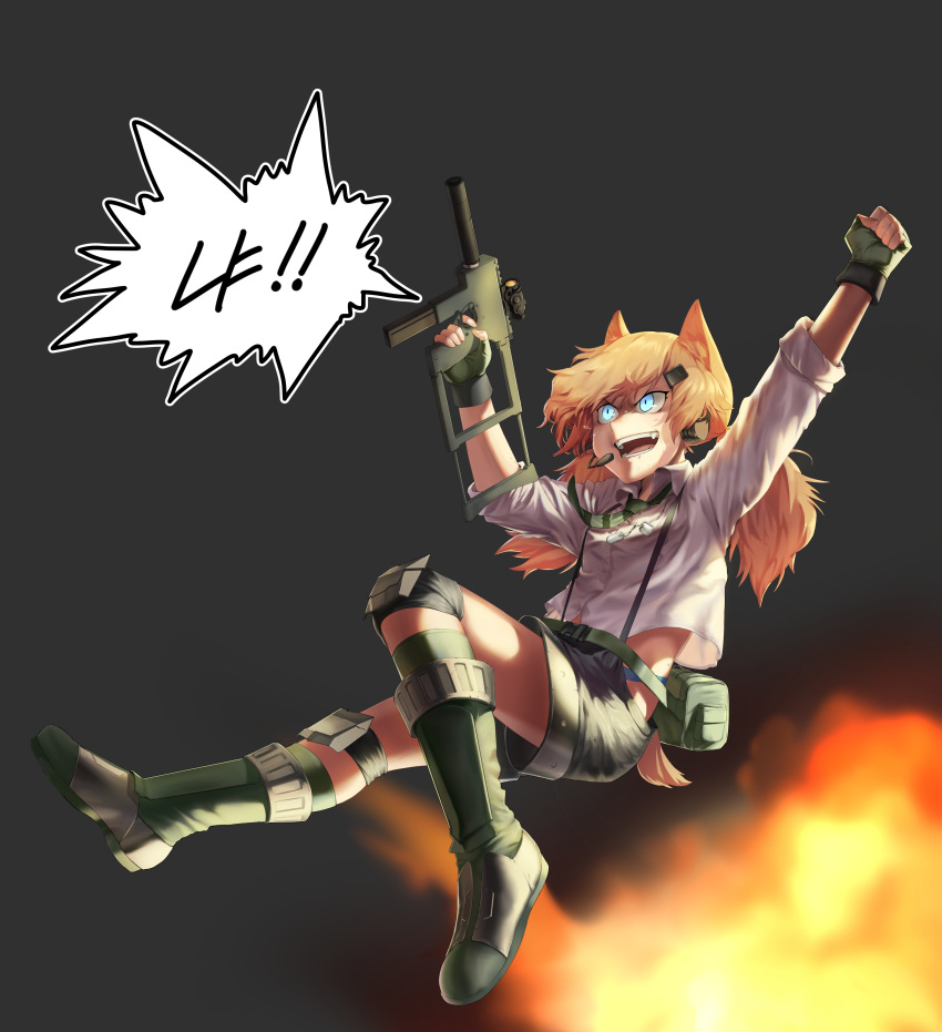 1girl, absurdres, animal_ears, arms_up, black_shorts, blonde_hair, blue_eyes, blue_panties