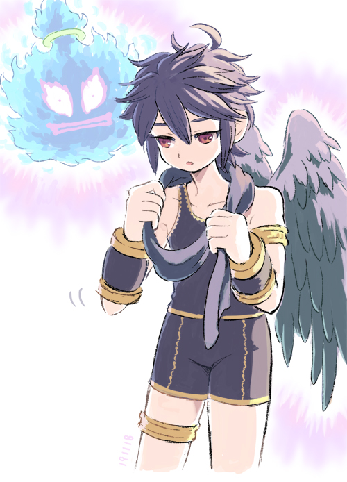 1boy, 1girl, :|, ahoge, angel, angel_wings, armlet, bike_shorts