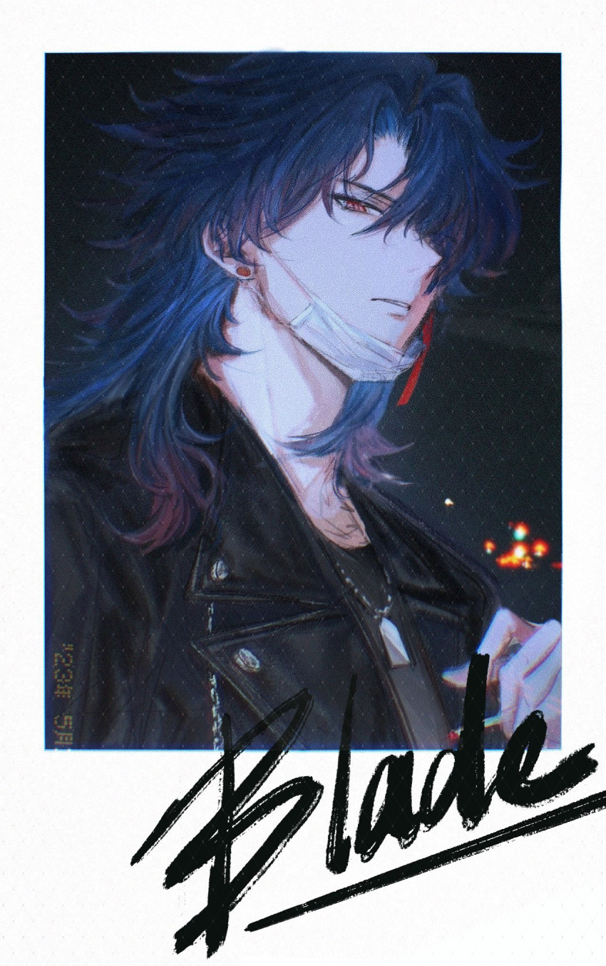 1boy, black_jacket, blade_(honkai:_star_rail), blue_hair, character_name, commentary, earrings, gradient_hair