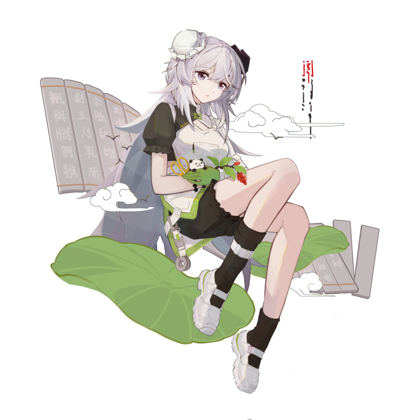 1girl, arknights, black_shorts, black_socks, bun_cover, character_request, clouds, commentary_request