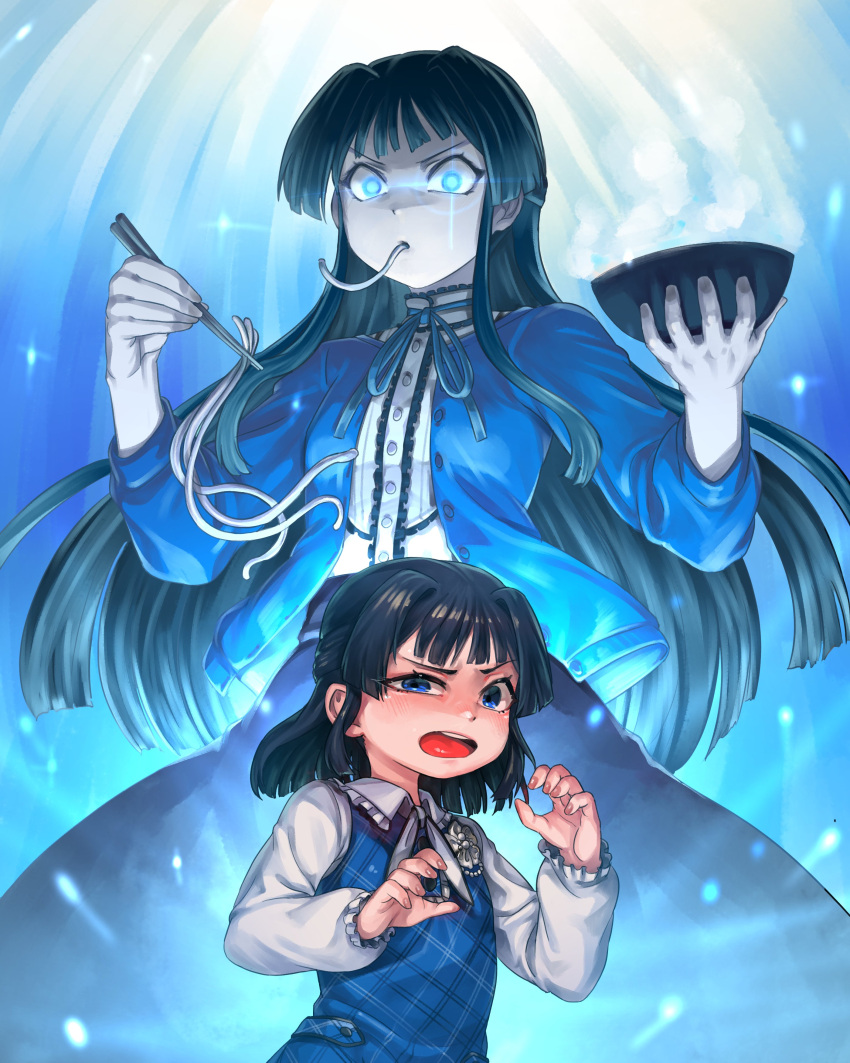2girls, absurdres, aged_down, black_hair, black_skirt, blue_cardigan, blue_dress, blue_eyes, blue_ribbon, bowl, buttons, cardigan, check_commentary, checkered_clothes, checkered_dress, child, chopsticks, commentary_request, dress, dual_persona, eating, energy, flat_chest, food, glowing, glowing_eyes, half-closed_eyes, hands_up, highres, hold111, holding, holding_bowl, holding_chopsticks, idolmaster, idolmaster_million_live!, long_hair, long_sleeves, looking_at_viewer, mogami_shizuka, multiple_girls, noodles, open_mouth, ribbon, shirt, short_hair, sidelocks, skirt, teeth, upper_body, upper_teeth_only, white_shirt