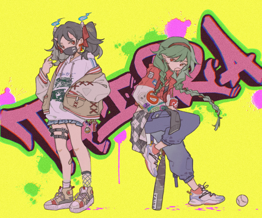 2others, alternate_costume, androgynous, ankle_socks, asymmetrical_legwear, baseball, baseball_bat, belt