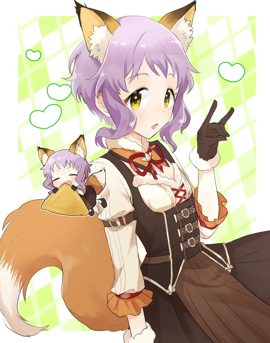 2girls, animal_ear_fluff, animal_ears, arm_belt, brown_dress, brown_footwear, brown_gloves, checkered_background