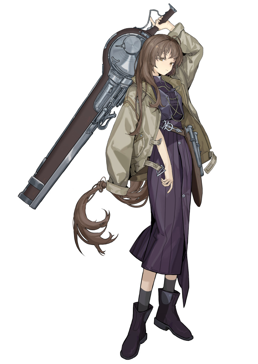 1girl, absurdres, al3x_alex, arm_out_of_sleeve, arm_up, black_socks, brown_eyes, brown_hair
