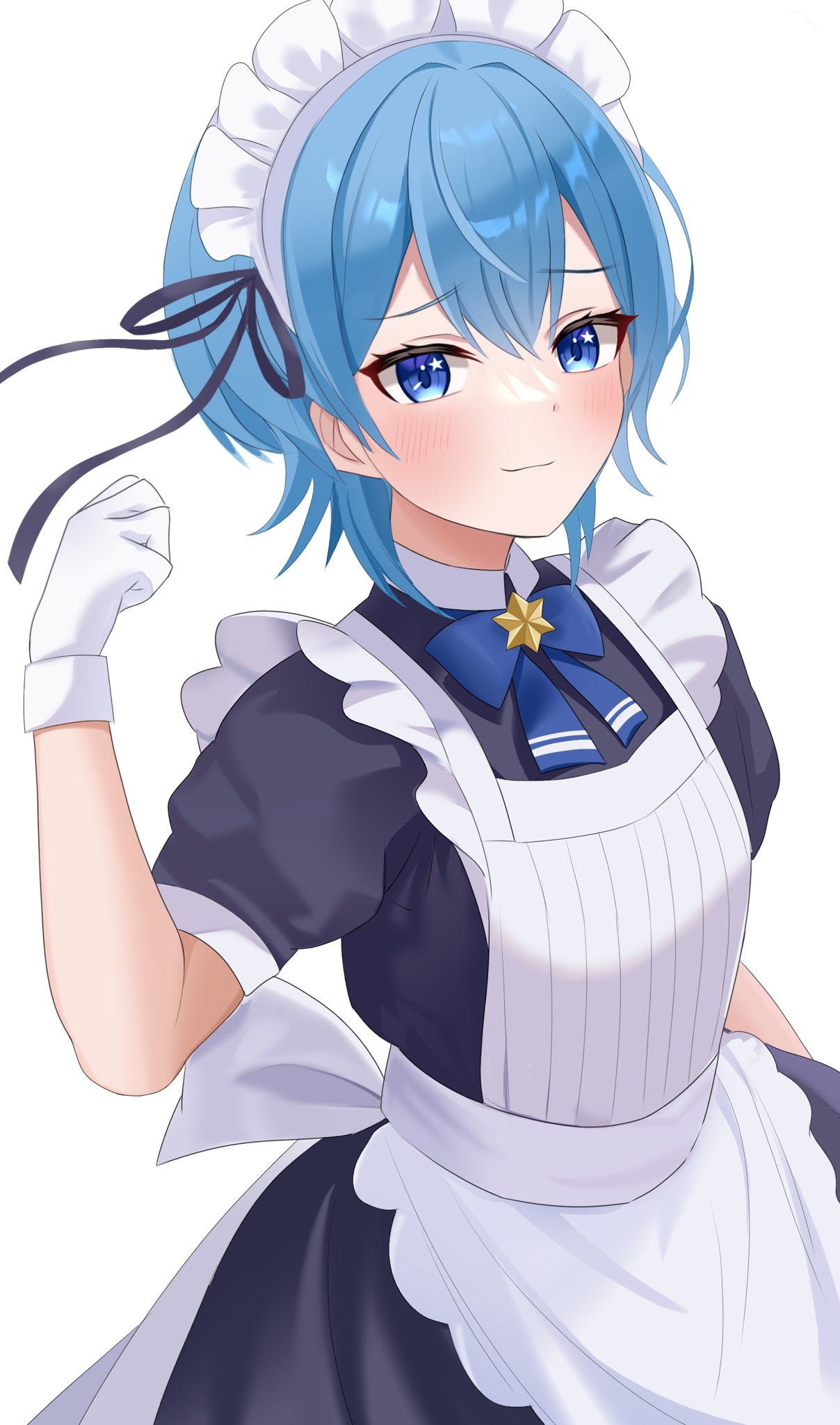 1girl, apron, blue_bow, blue_bowtie, blue_eyes, blue_hair, blush, bow