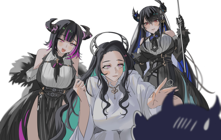 3girls, anerissa_ravencroft, asymmetrical_horns, bare_shoulders, black_hair, blue_hair, breasts, colored_inner_hair