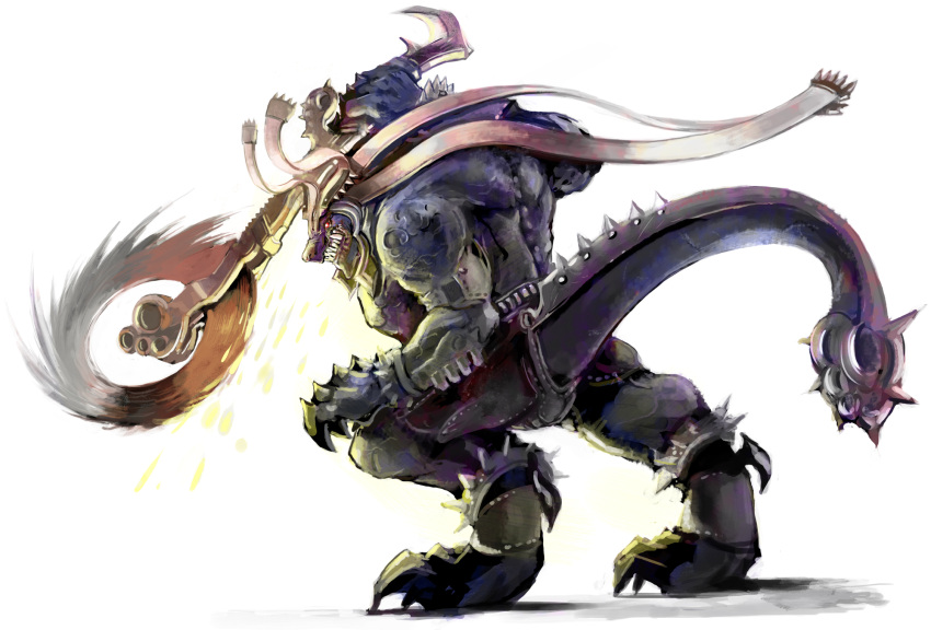 behemoth, final_fantasy, final_fantasy_xiii, highres, monster, nejita, profile, red_eyes, sharp_teeth, simple_background, solo, standing, sword, teeth, weapon