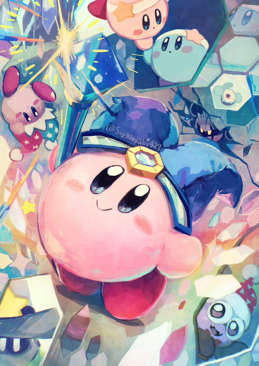 absurdres, blush_stickers, broken_glass, colored_skin, commentary_request, dark_meta_knight, different_reflection, fangs, glass, hat, highres, jester_cap, kirby, kirby_(series), marx_(kirby), mask, mirror, no_humans, pink_skin, pom_pom_(clothes), reflection, simirror, smile, solid_oval_eyes, sparkle, spookstep, star_(symbol), suyasuyabi, twitter_username
