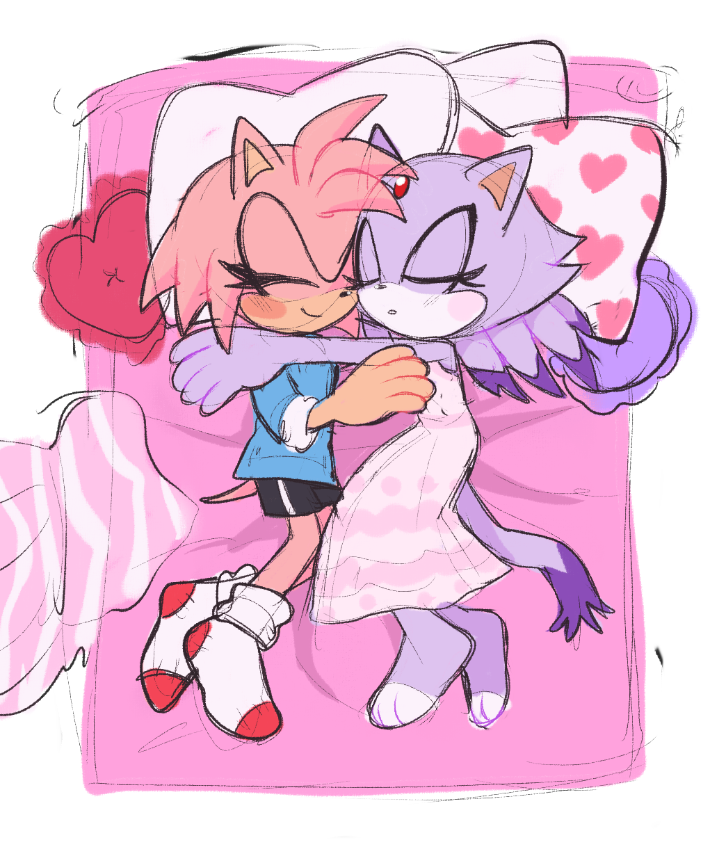2girls, amy_rose, animal_ears, bed, blaze_the_cat, cat_ears, cat_girl, cat_tail