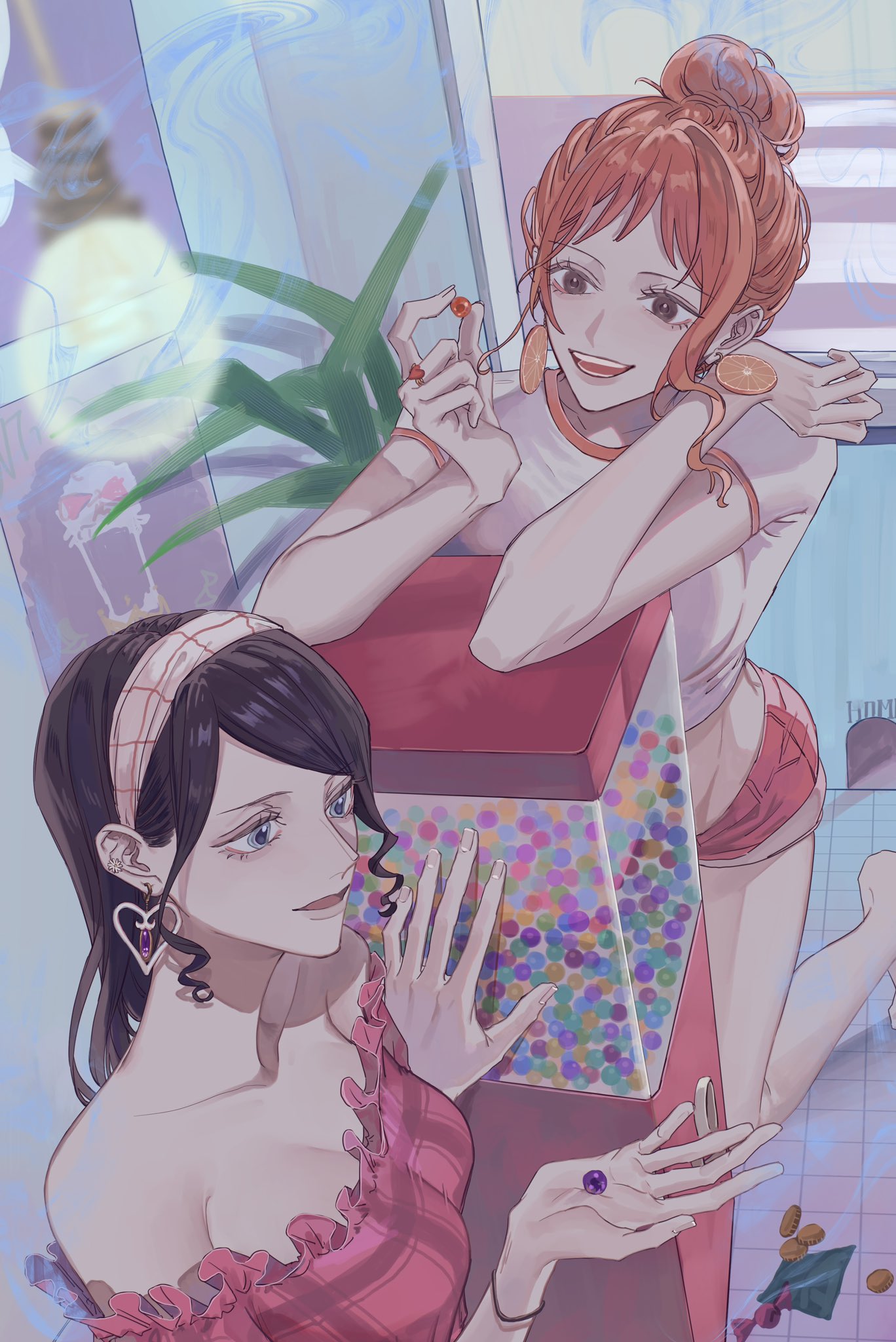 2girls, alternate_costume, bare_shoulders, black_hair, blue_eyes, brown_eyes, dice, earrings