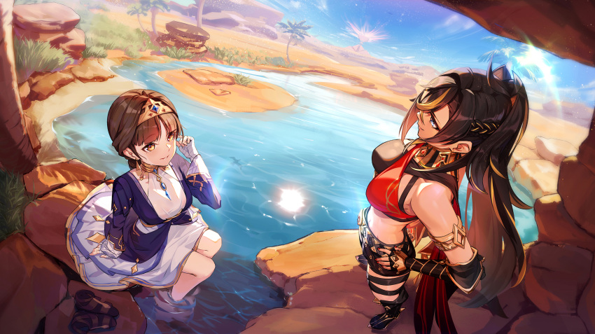 2girls, arm_armor, bandaged_hand, bandages, blonde_hair, blue_gemstone, breasts, brown_hair, criss-cross_halter, crossed_bangs, dangle_earrings, dehya_(genshin_impact), dress, dunyarzad_(genshin_impact), earrings, gem, genshin_impact, gold_headband, hair_ears, halterneck, highres, iandrea, jewelry, long_hair, medium_breasts, midriff, multicolored_hair, multiple_girls, multiple_thigh_straps, oasis, short_shorts, shorts, sitting, streaked_hair, triangle_earrings