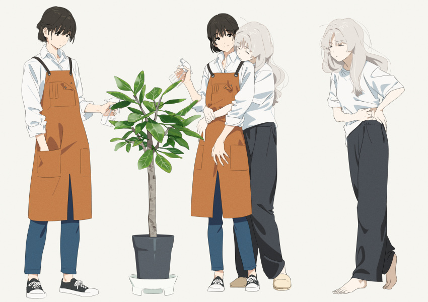 2girls, apron, baggy_pants, barefoot, black_eyes, black_footwear, black_hair, black_pants, blue_pants, bottle, closed_eyes, clothes_lift, collared_shirt, commentary, full_body, grey_hair, hand_in_pocket, hand_on_own_hip, hand_on_own_stomach, highres, holding, hug, hug_from_behind, k_(kamo_kamen), kamo_kamen, lifted_by_self, long_hair, long_sleeves, looking_at_another, looking_at_object, m_(kamo_kamen), midriff_peek, multiple_girls, orange_apron, original, pants, parted_bangs, plant, potted_plant, shirt, shirt_lift, shoes, short_hair, short_sleeves, simple_background, sleeves_rolled_up, slippers, smile, spray_bottle, white_background, white_shirt, yuri