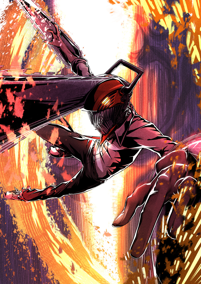 1boy, absurdres, black_pants, chainsaw, chainsaw_man, denji_(chainsaw_man), embers, fighting_stance