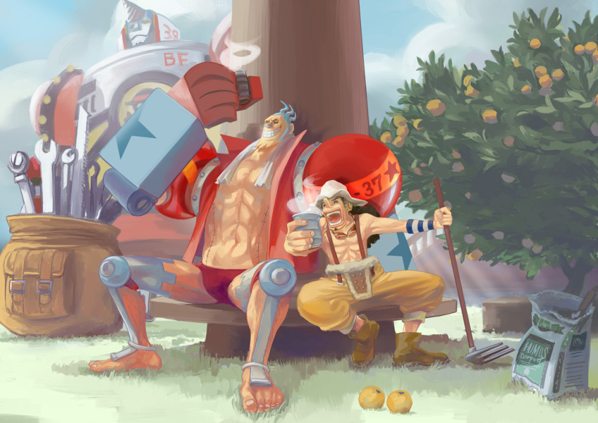 2boys, abs, black_hair, blue_hair, closed_eyes, cup, curly_hair, cyborg