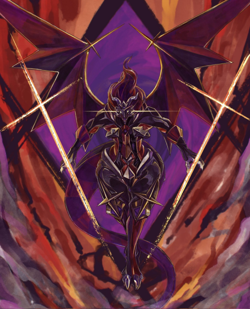clawed_feet, claws, demon_dragon, demon_horns, demon_tail, demon_wings, duel_monster, flying, glowing, glowing_eyes, highres, horns, masquerade_the_blazing_dragon, osaki_zai, tail, wings, yu-gi-oh!