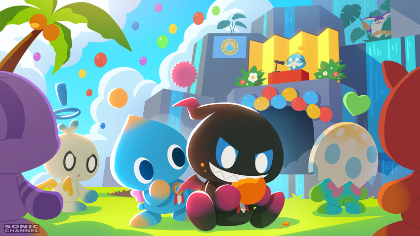 1boy, balloon, big_the_cat, blue_sclera, blue_sky, chao_(sonic), chao_garden, colored_sclera