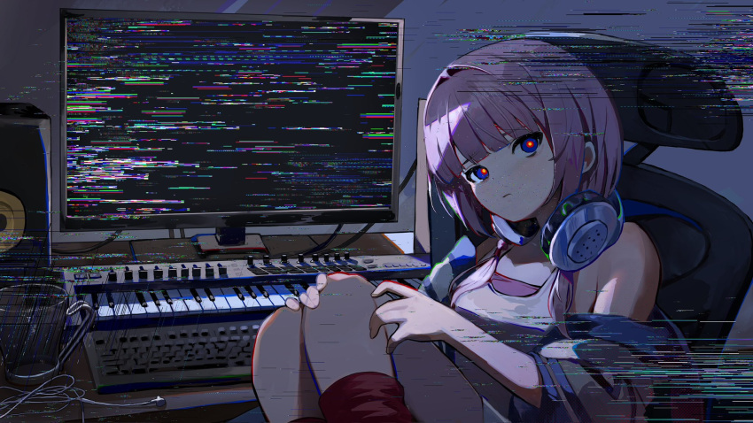 1girl, \||/, alternate_costume, blue_eyes, blunt_bangs, chromatic_aberration, closed_mouth, commentary_request, computer, expressionless, feet_out_of_frame, glitch, hair_intakes, hair_over_shoulder, hand_on_own_knee, headphones, headphones_around_neck, highres, indoors, instrument, jacket, jacket_partially_removed, kaf_(kamitsubaki_studio), kamitsubaki_studio, keyboard_(computer), keyboard_(instrument), kneehighs, knees_up, kurehalxxx, looking_at_viewer, low_twintails, multicolored_eyes, on_chair, pink_hair, red_eyes, red_socks, sitting, socks, solo, stereo, tank_top, twintails, undershirt, virtual_youtuber, white_jacket, white_tank_top, yellow_pupils