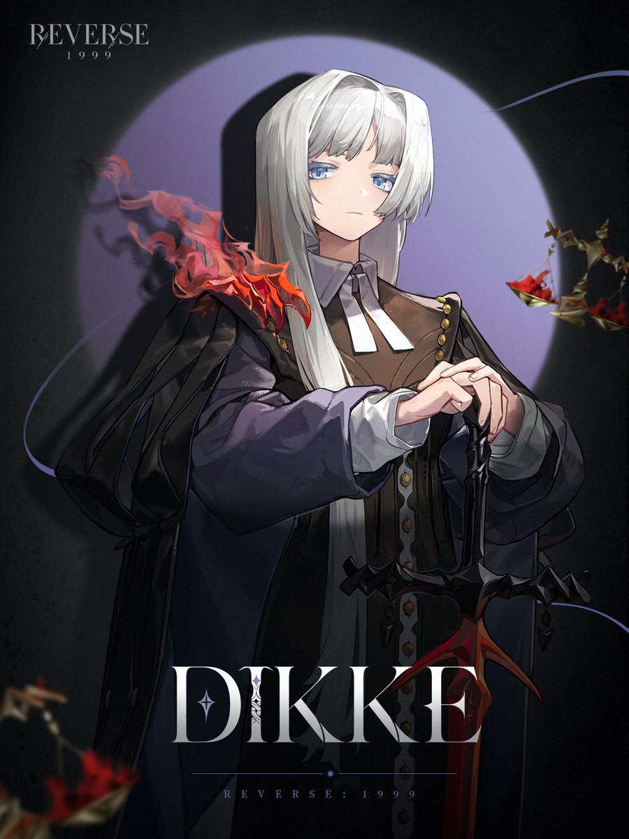 1girl, balance_scale, black_cape, blue_eyes, blunt_bangs, brown_dress, cape, character_name, circle, closed_mouth, collared_dress, copyright_name, dark_background, dikke, disembodied_limb, dress, english_text, expressionless, hair_intakes, hair_over_shoulder, hands_on_hilt, hands_up, highres, logo, long_dress, long_hair, looking_at_viewer, official_art, planted, planted_sword, purple_background, reverse:1999, shadow, solo, spotlight, sword, upper_body, weapon, weighing_scale, white_hair