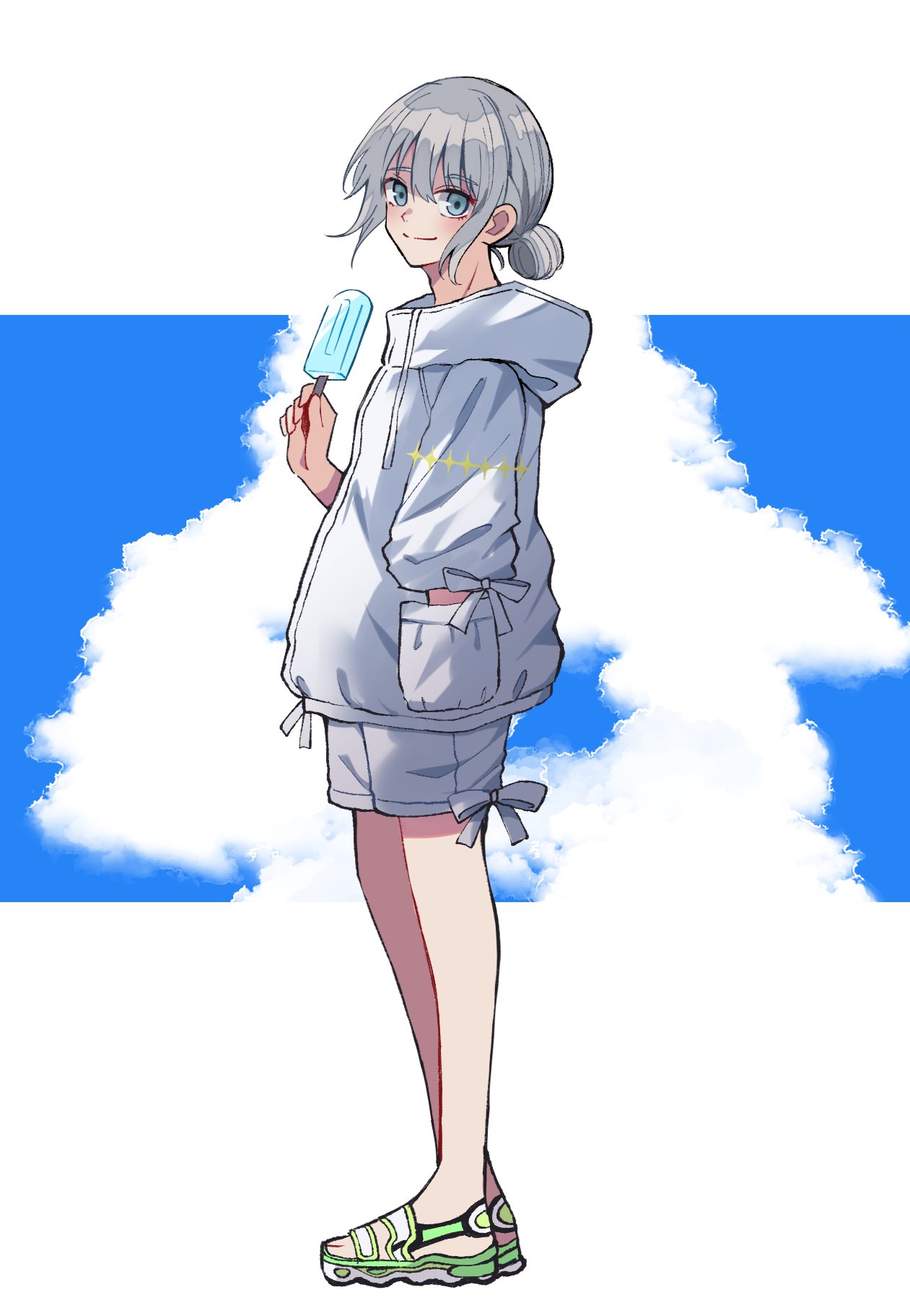 1boy, blue_eyes, blue_sky, clouds, eyelashes, fate/grand_order, fate_(series), food