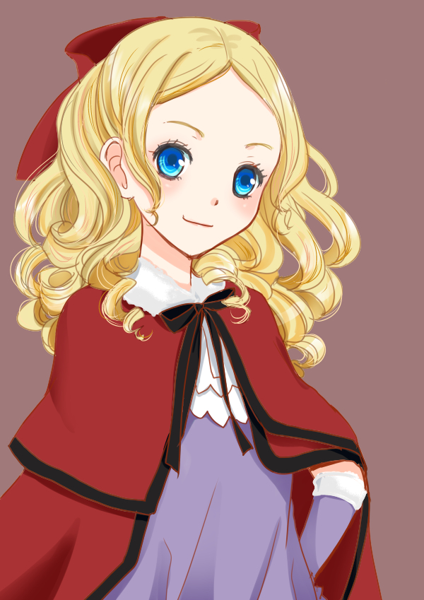 1girl, blonde_hair, blue_eyes, bow, cape, closed_mouth, curly_hair, dress