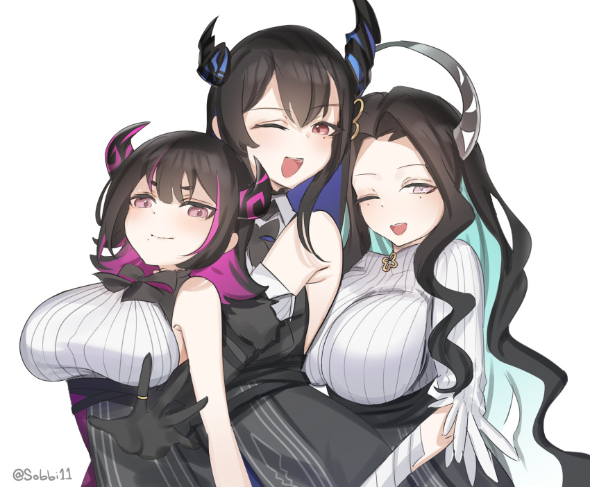 3girls, absurdres, anerissa_ravencroft, asymmetrical_horns, black_hair, breasts, colored_inner_hair, demon_horns