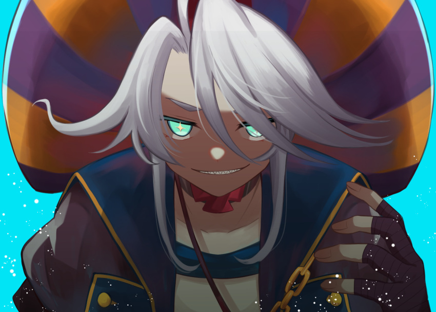 1boy, black_coat, blue_eyes, chain, christopher-kun_(fate), christopher_columbus_(fate), coat, collarbone