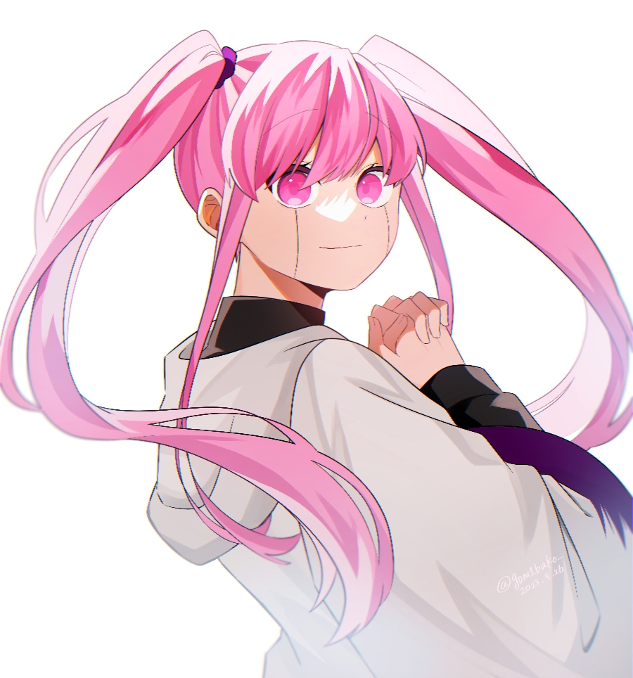1girl, black_shirt, closed_mouth, from_side, genjitsu_o_miro, hood, hood_down, long_sleeves, looking_at_viewer, looking_to_the_side, love_cute, mashle, own_hands_clasped, own_hands_together, pink_eyes, pink_hair, shirt, simple_background, smile, solo, twintails, upper_body, white_background