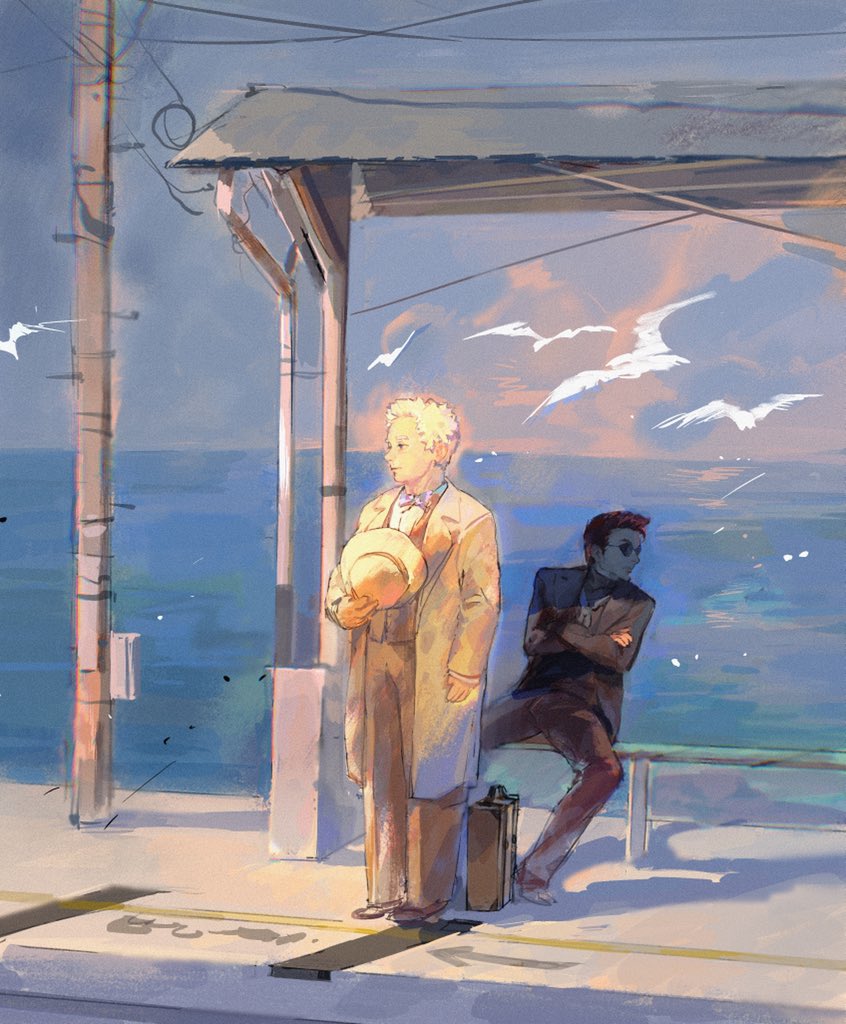 2boys, angel, aziraphale_(good_omens), bird, black_jacket, black_pants, bow, bowtie, brown_pants, crowley_(good_omens), demon, demon_boy, flying, glasses, good_omens, hat, hat_removed, headwear_removed, holding, holding_clothes, holding_hat, jacket, long_coat, long_sleeves, longlonggui, looking_at_another, looking_to_the_side, multiple_boys, ocean, pants, redhead, shed, sitting, standing, suit, sunset, utility_pole, white_hair, white_headwear, white_pants, white_suit