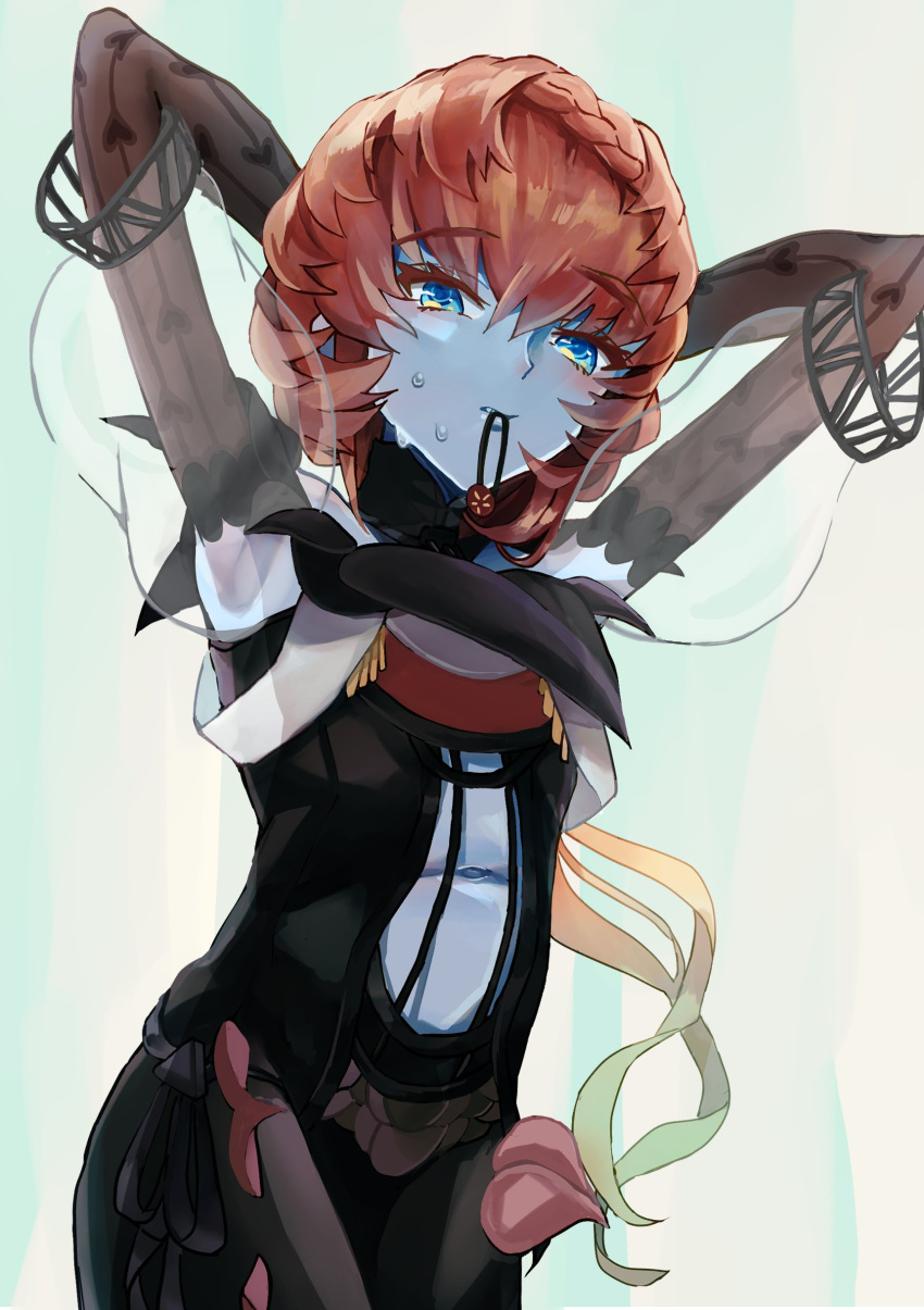 1girl, absurdres, black_dress, black_headwear, black_slingshot_swimsuit, blue_eyes, blue_skin, blush