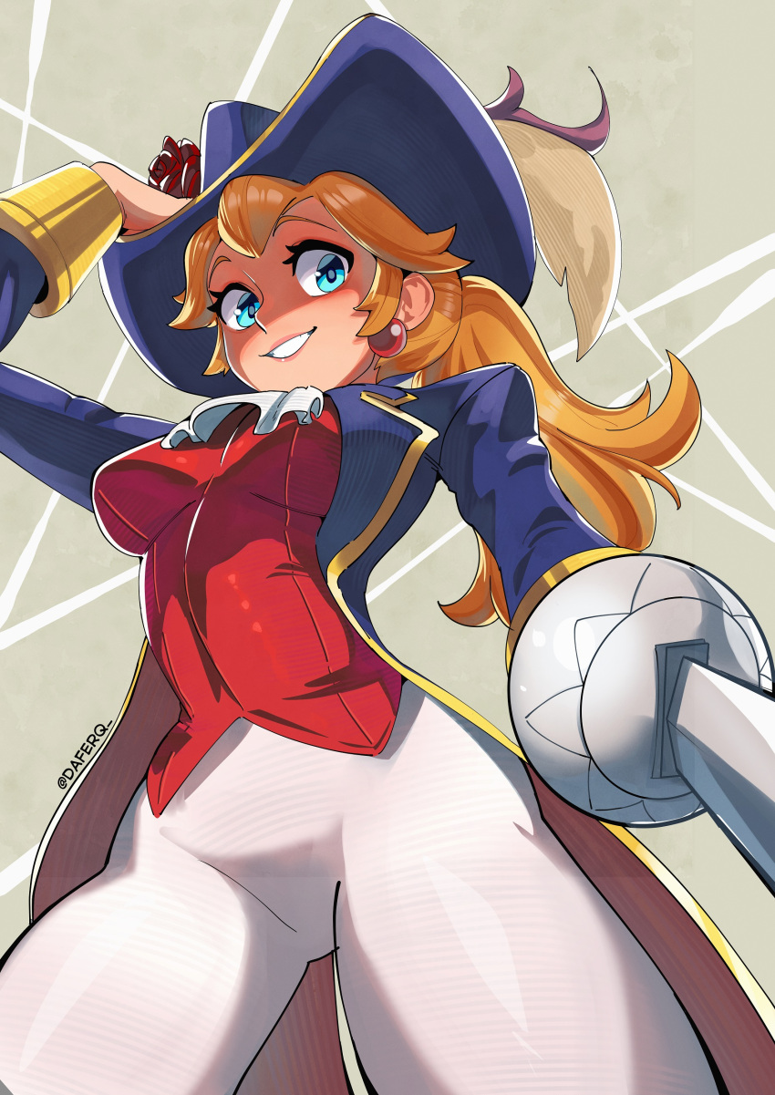1girl, absurdres, artist_name, ascot, blonde_hair, blue_eyes, blue_headwear, blue_jacket, daferq, earrings, from_below, grin, hat, highres, holding, holding_sword, holding_weapon, jacket, jewelry, long_hair, looking_at_viewer, official_alternate_costume, open_clothes, open_jacket, pants, princess_peach, princess_peach:_showtime!, rapier, red_vest, smile, solo, sphere_earrings, super_mario_bros., sword, swordfighter_peach, teeth, vest, weapon, white_ascot, white_pants