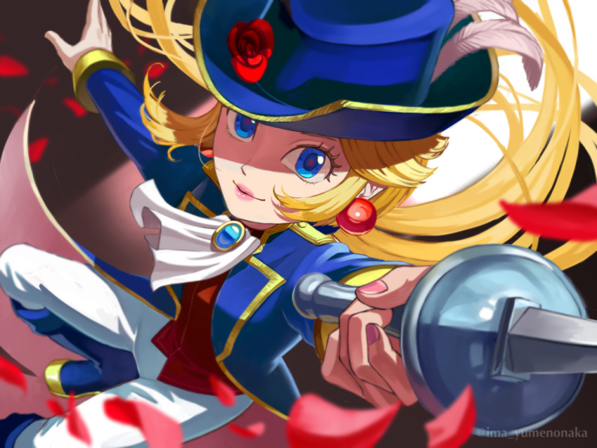 1girl, artist_name, ascot, blonde_hair, blue_eyes, blue_footwear, blue_headwear, blue_jacket