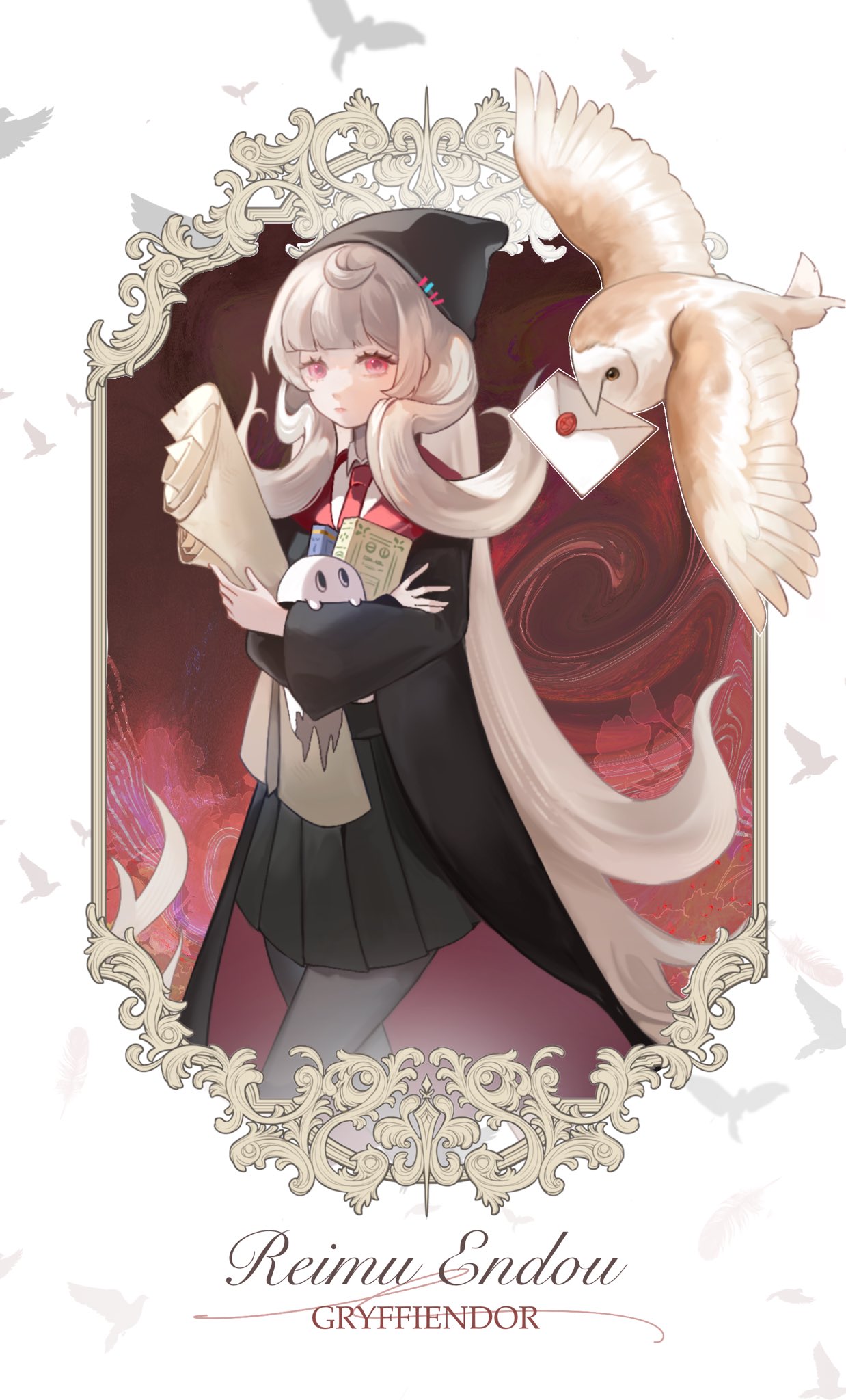 1girl, bala_(balaaa_yaaa), bird, black_pantyhose, black_robe, black_skirt, grey_hair, gryffindor, harry_potter_(series), highres, hogwarts_school_uniform, letter, long_hair, necktie, nijisanji, nijisanji_en, owl, pantyhose, pink_eyes, pleated_skirt, poppi_(reimu_endou), red_necktie, reimu_endou, robe, school_uniform, scroll, skirt, solo, very_long_hair, virtual_youtuber, wizarding_world