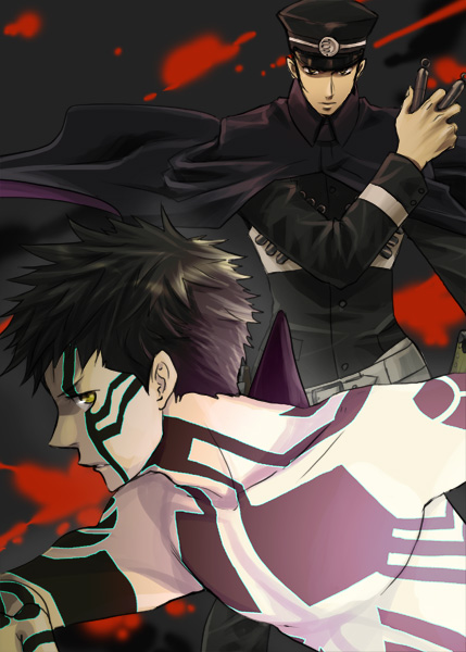 blood, cloak, devil_summoner, grey_eyes, hat, hitoshura, kuzunoha_raidou, male, shin_megami_tensei, shin_megami_tensei_iii:_nocturne, shin_megami_tensei_nocturne, shirtless, short_hair, tattoo, uniform, yellow_eyes, yu@genkoochu(5tsukino)