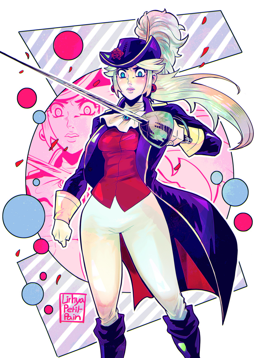 1girl, artist_logo, ascot, blonde_hair, blue_eyes, blue_footwear, blue_headwear, blue_jacket, boots, brooch, clenched_hand, earrings, feathers, flower, hat, hat_feather, hat_flower, highres, holding, holding_sword, holding_weapon, jacket, jewelry, lirhyapetitpain, long_hair, official_alternate_costume, open_clothes, open_jacket, pants, ponytail, princess_peach, princess_peach:_showtime!, rapier, red_flower, red_rose, red_vest, rose, solo, sphere_earrings, super_mario_bros., sword, swordfighter_peach, vest, watermark, weapon, white_ascot, white_feathers, white_pants