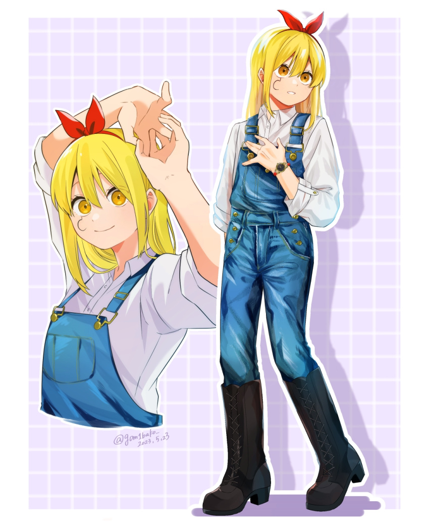 1girl, arms_up, artist_name, black_footwear, blonde_hair, blue_background, boots, border