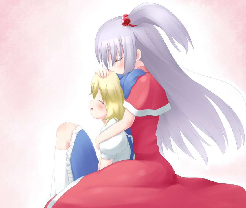 alice_margatroid, alice_margatroid_(pc-98), back_hug, blonde_hair, blush, capelet, closed_eyes, hair_bobbles