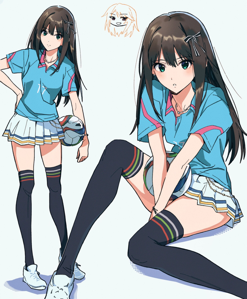 1girl, aqua_shirt, ball, black_hair, black_thighhighs, bloom_into_me15, collared_shirt, green_eyes