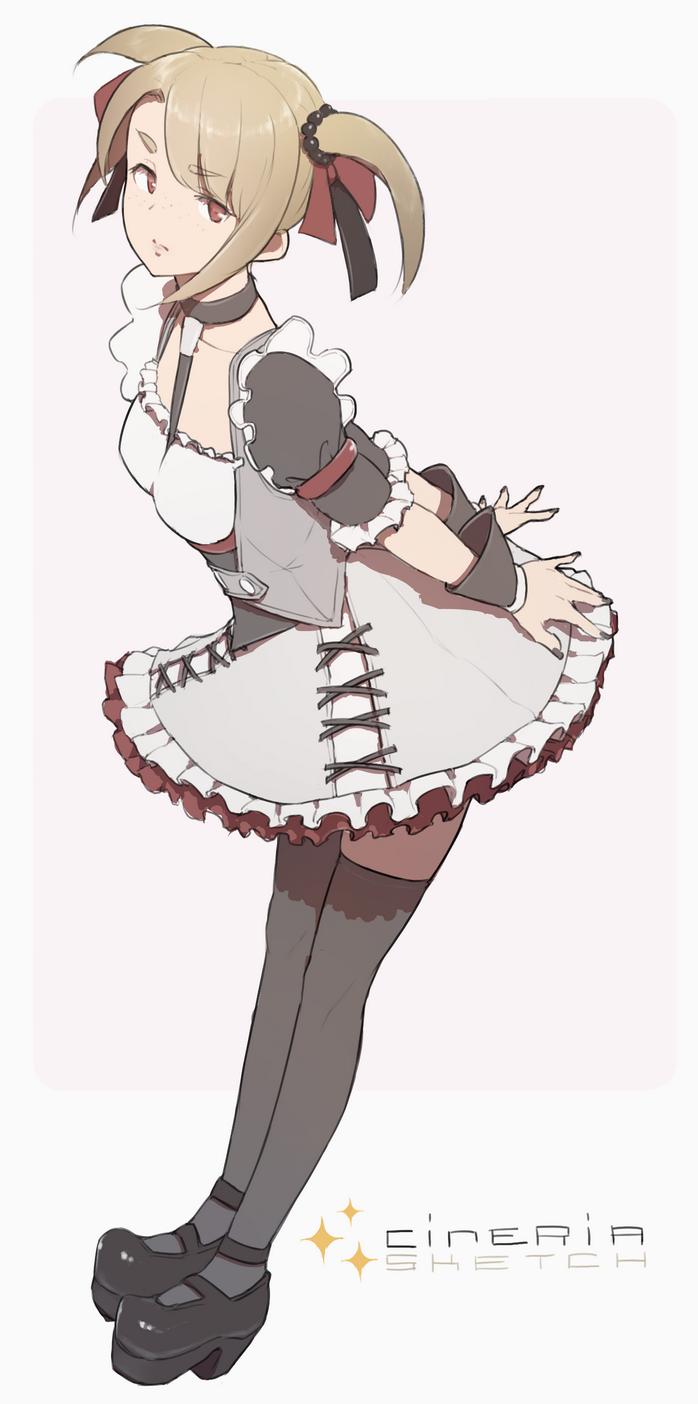 1girl, arms_behind_back, between_breasts, black_footwear, black_thighhighs, blonde_hair, bow, breasts