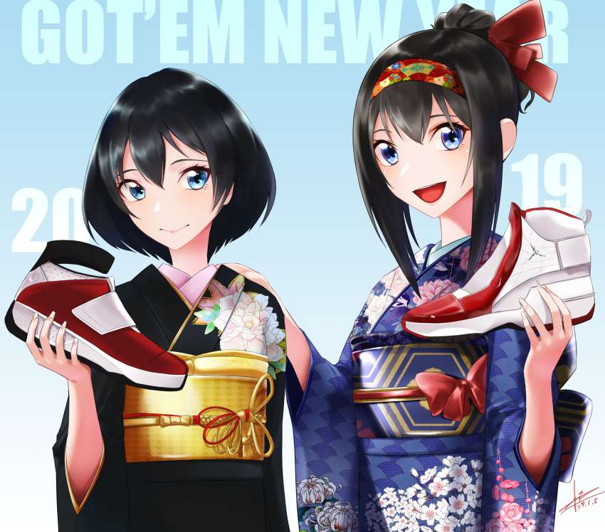 2019, 2girls, :d, air_jordan, air_jordan_19, air_jordan_20, black_hair, black_kimono