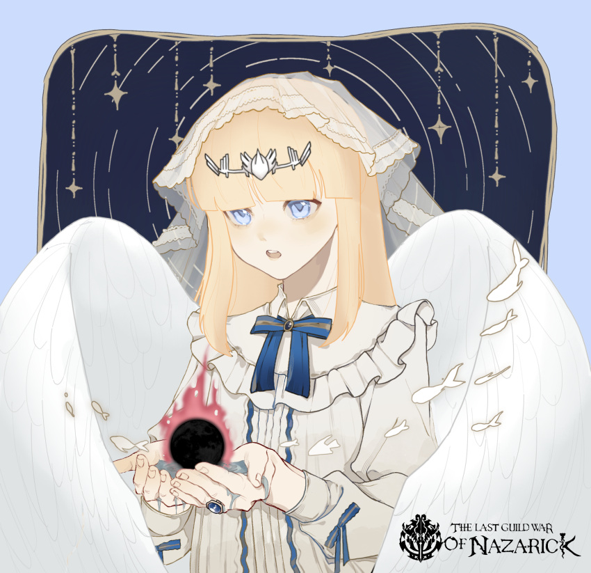 1girl, angel_wings, blod, blonde_hair, blue_eyes, calca_bessarez, dress, highres, jewelry, non-web_source, orb, overlord_(maruyama), queen, sleepwear, white_dress, wings
