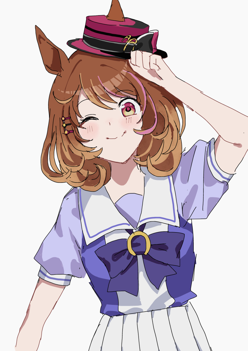 1girl, absurdres, animal_ears, arm_up, breasts, brown_eyes, brown_hair, closed_mouth