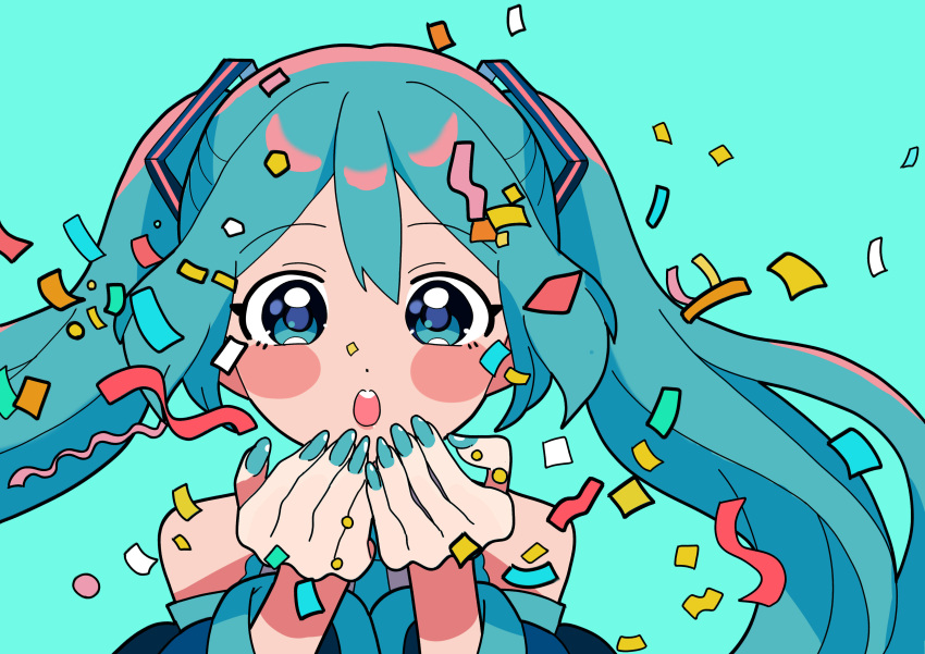 1girl, :>=, absurdres, aqua_eyes, aqua_hair, bare_shoulders, blue_background, blue_eyes