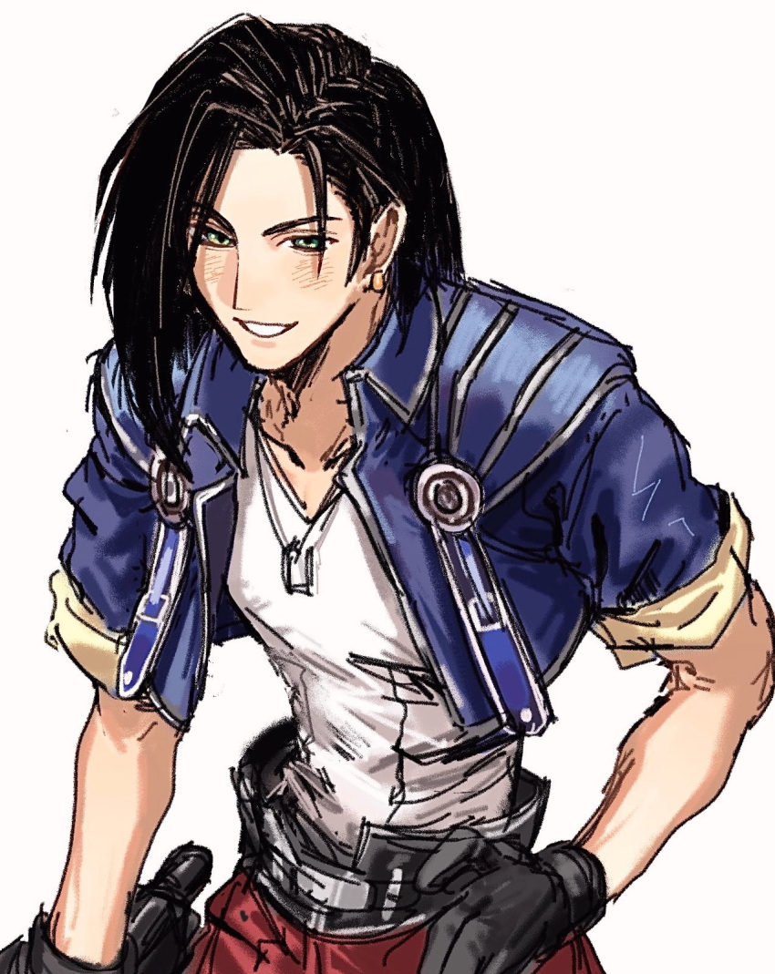 1boy, belt, black_belt, black_gloves, black_hair, blue_jacket, cropped_jacket, dog_tags
