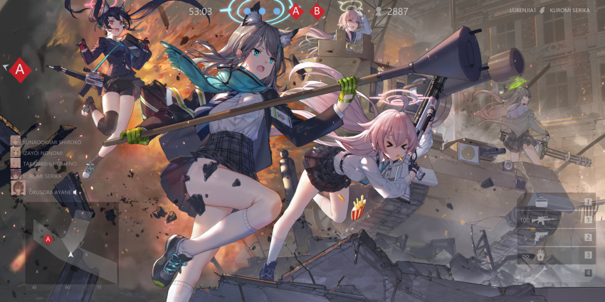 >_<, 5girls, absurdres, ahoge, animal_ear_fluff, animal_ears, anti-tank_grenade, assault_rifle