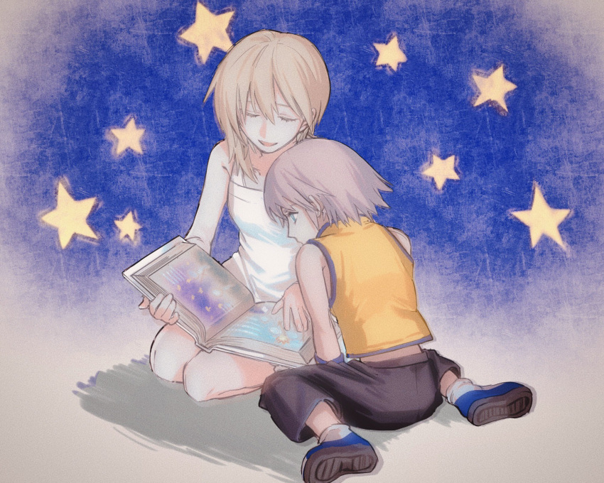 1boy, 1girl, aged_down, black_pants, blonde_hair, blue_background, blue_eyes, book