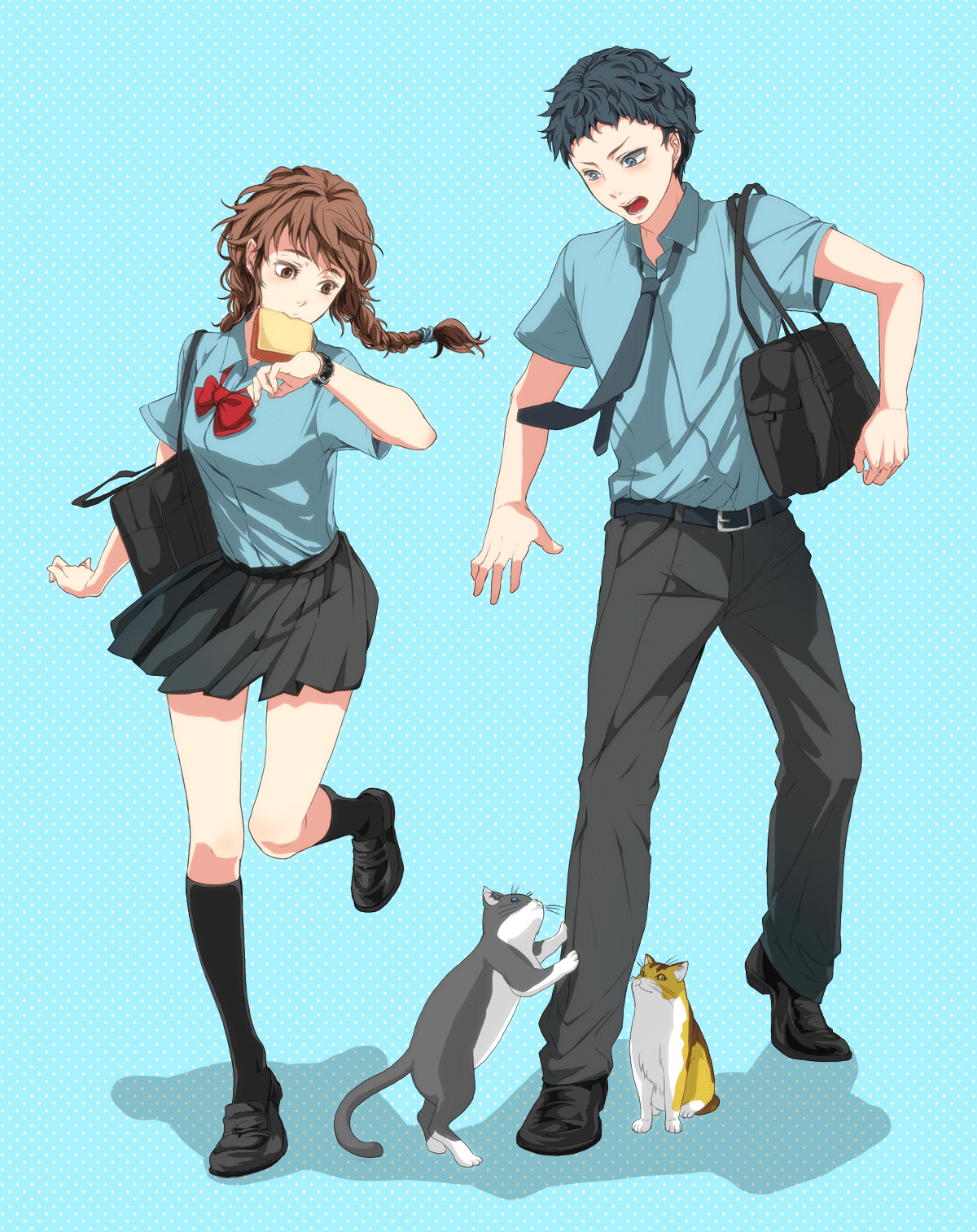 black_hair, blue_eyes, braid, brown_eyes, brown_hair, cat, food, highres